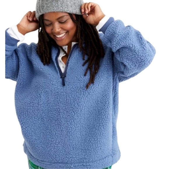 Aerie Womens Oversized Sherpa Pullover Jacket Small Blue - Picture 1 of 11